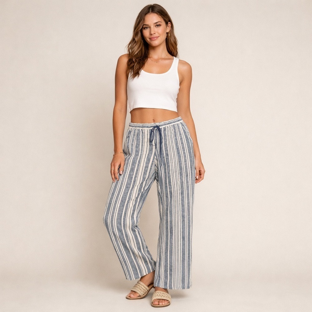 Jones New York Blue and White Striped Wide-Leg Pants